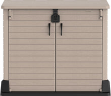 Load image into Gallery viewer, Duramax StoreAway 1200L Plastic Garden Shed/ Flat Lid, Outdoor Storage Shed, Wheelie Bin Hideaways, Wheelie bin box, Durable Construction, Ideal for Bikes, BBQs &amp; 2x 240L Bins, 145x85x125 cm, Brown