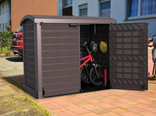 Load image into Gallery viewer, Duramax StoreAway 1200L Plastic Garden Shed/ Flat Lid, Outdoor Storage Shed, Wheelie Bin Hideaways, Wheelie bin box, Durable Construction, Ideal for Bikes, BBQs &amp; 2x 240L Bins, 145x85x125 cm, Brown