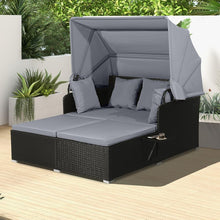Load image into Gallery viewer, Chaise Longue à 2 Places en Rotin avec Auvent Rétractable Bain de Soleil avec Panneaux Latéraux Pliables Charge 360KG Beige/Gris