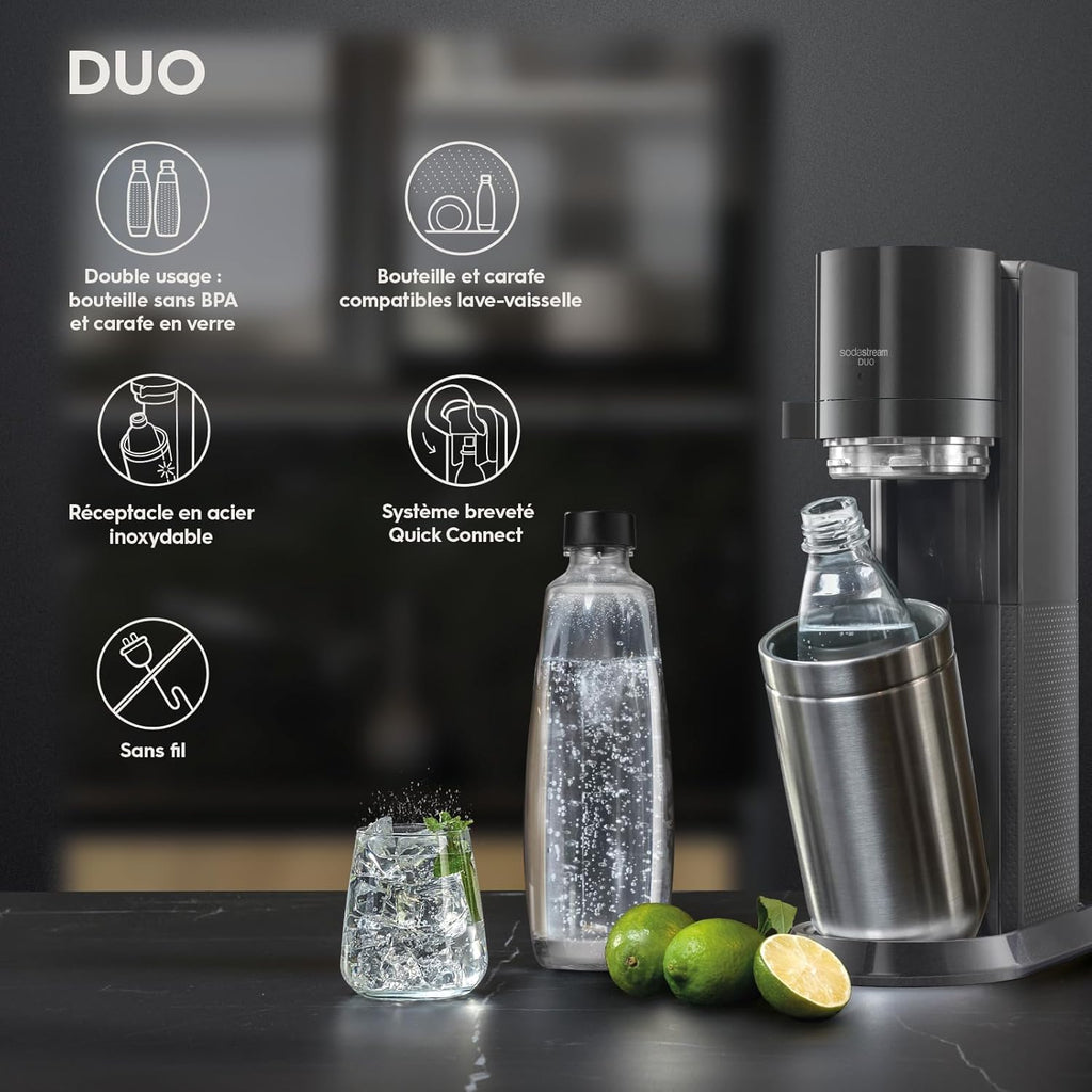 SodaStream Duo Sparkling Water Machine for Glass Jug | Pack of 2 Glass Jugs 1L + 1 Bottle 1L Dishwasher Safe + 1 60L Gas Refill Clip On | Black [Amazon Exclusive]