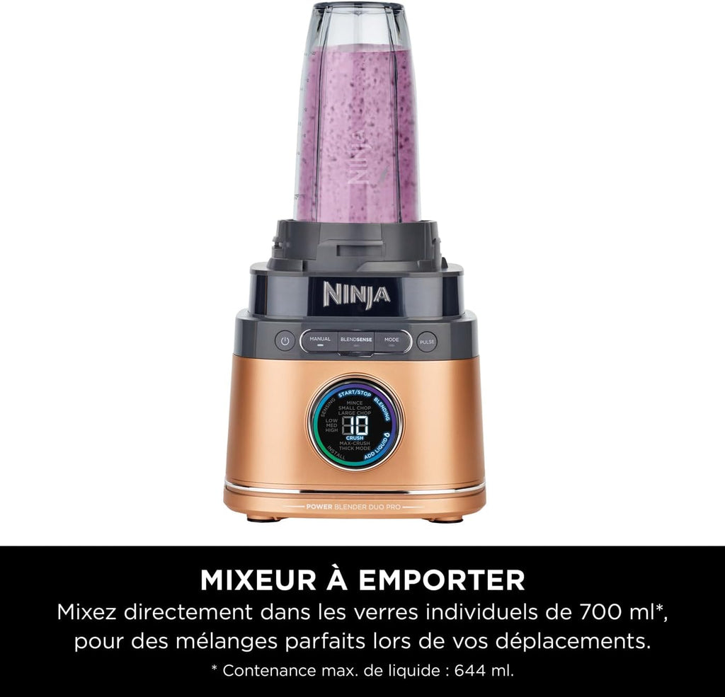 Ninja Detect Power Blender Processor Pro 3-en-1, mixeur 1200W, bol à mélanger, lame malaxeur, gobelet individuel, récipient, pétrir, mixer, hacher et mélanger, noir, TB401EU