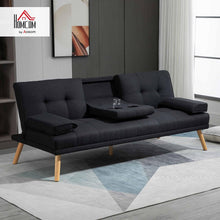 Load image into Gallery viewer, HOMCOM Canapé Convertible 3 Places Design scandinave Inclinaison Dossier réglable 3 Niveaux Dossier Centrale Rabattable 2 Porte-Verres Bois Massif Lin Gris