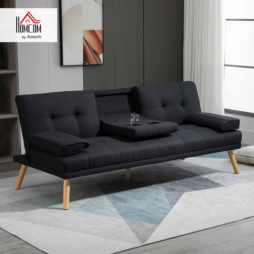 HOMCOM Canapé Convertible 3 Places Design scandinave Inclinaison Dossier réglable 3 Niveaux Dossier Centrale Rabattable 2 Porte-Verres Bois Massif Lin Gris