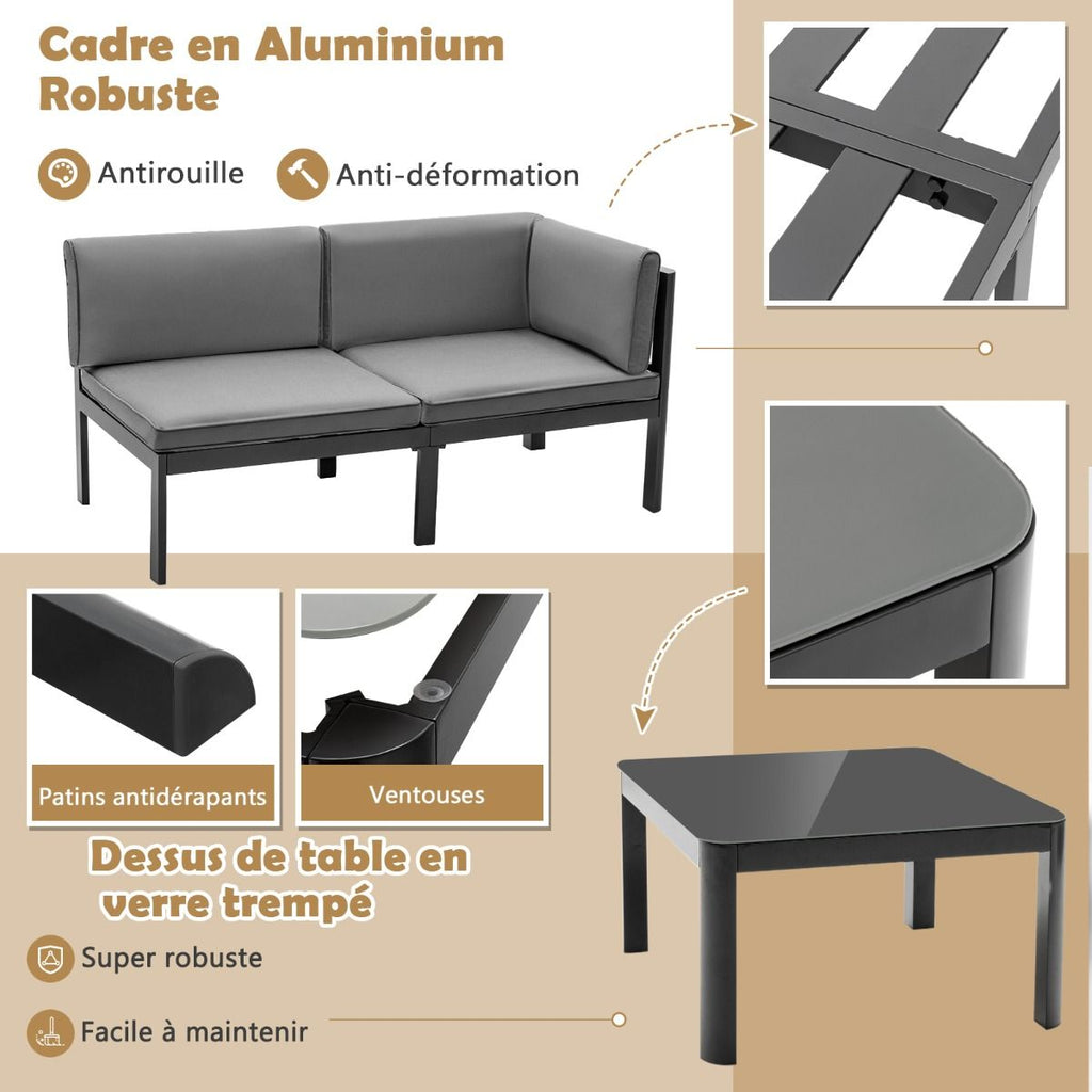 Salon de Jardin Extérieur avec Table Basse en Verre Trempé Canapéavec Dossier Inclinable à 6 Niveaux Coussins Inclus Gris