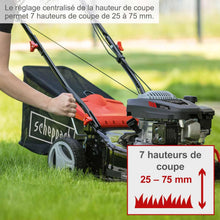 Load image into Gallery viewer, Scheppach Tondeuse à Gazon Thermique MS150-42 | Autotractée - 3,7 CV | Largeur de Coupe 42cm | Raccord Rapide de Nettoyage | Panier 45L | Hauteur - 7 Niveaux | Lame supp. + Huile Incluse