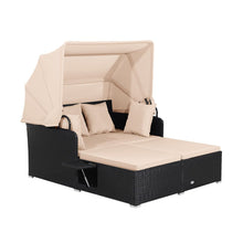 Load image into Gallery viewer, Chaise Longue à 2 Places en Rotin avec Auvent Rétractable Bain de Soleil avec Panneaux Latéraux Pliables Charge 360KG Beige/Gris