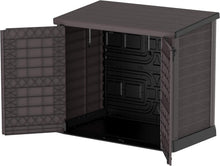 Load image into Gallery viewer, Duramax StoreAway 1200L Plastic Garden Shed/ Flat Lid, Outdoor Storage Shed, Wheelie Bin Hideaways, Wheelie bin box, Durable Construction, Ideal for Bikes, BBQs &amp; 2x 240L Bins, 145x85x125 cm, Brown