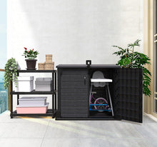 Load image into Gallery viewer, Duramax StoreAway 1200L Plastic Garden Shed/ Flat Lid, Outdoor Storage Shed, Wheelie Bin Hideaways, Wheelie bin box, Durable Construction, Ideal for Bikes, BBQs &amp; 2x 240L Bins, 145x85x125 cm, Brown
