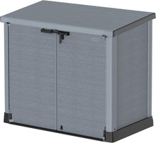 Load image into Gallery viewer, Duramax StoreAway 1200L Plastic Garden Shed/ Flat Lid, Outdoor Storage Shed, Wheelie Bin Hideaways, Wheelie bin box, Durable Construction, Ideal for Bikes, BBQs &amp; 2x 240L Bins, 145x85x125 cm, Brown