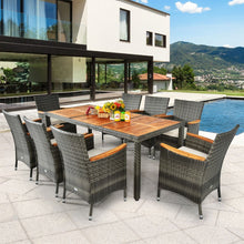 Load image into Gallery viewer, Salon de Jardin avec 1 Table et 8 Chaises en Bois et Rotin Synthétique Anti-UV Pieds Réglables et Coussins Imperméables Inclus
