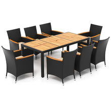 Load image into Gallery viewer, Salon de Jardin en Rotin 9 Pièces Plateau de Table en Acacia Ensemble de Salle à Manger avec Coussins Amovibles Trou Charge 180KG Beige+Noir