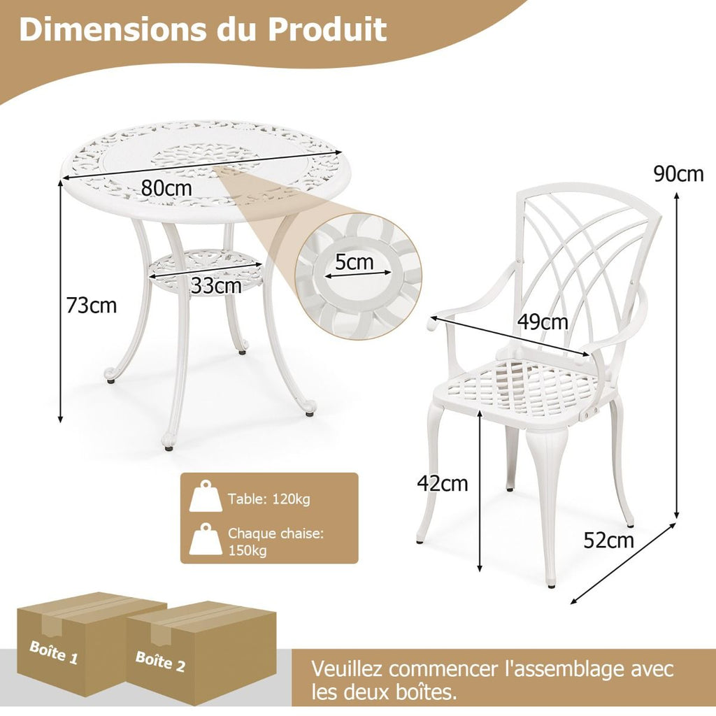 5 Pcs Salon de Jardin en Fonte d'Aluminium Trou pour Parasol Repose-pieds Réglables Ensemble de Table Ronde et 4 Chaises Blanc