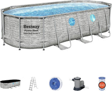 Load image into Gallery viewer, Bestway 56946 Piscine Power Steel™ Swim Vista ovale 488 x 305 x 107 cm motif rotin avec hublots, filtration à sable, échelle, bâche et diffuseur Chemconnect™