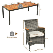 Load image into Gallery viewer, Salon de Jardin avec 1 Table et 8 Chaises en Bois et Rotin Synthétique Anti-UV Pieds Réglables et Coussins Imperméables Inclus