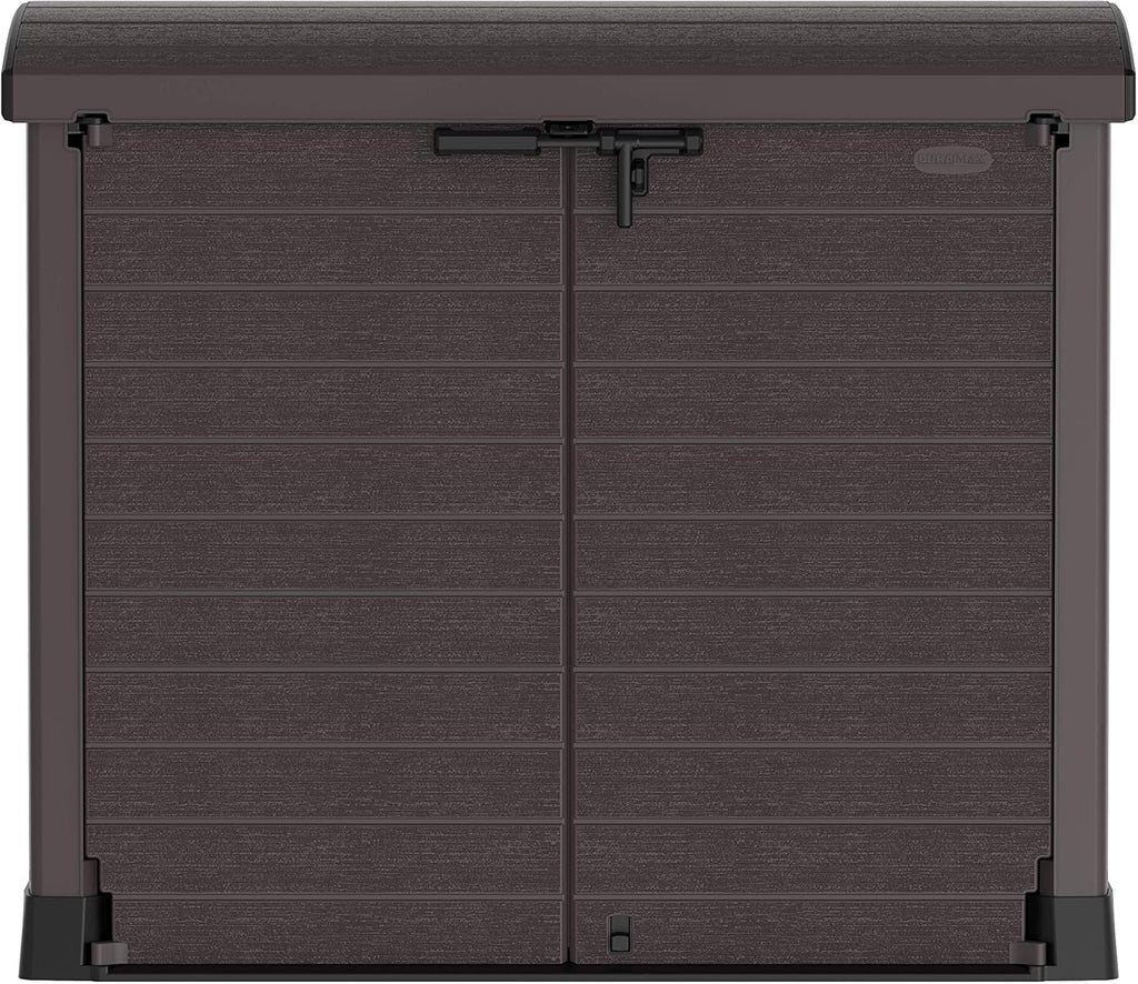 Duramax StoreAway 1200L Plastic Garden Shed/ Flat Lid, Outdoor Storage Shed, Wheelie Bin Hideaways, Wheelie bin box, Durable Construction, Ideal for Bikes, BBQs & 2x 240L Bins, 145x85x125 cm, Brown