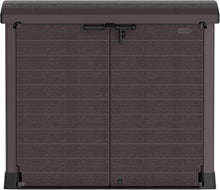 Load image into Gallery viewer, Duramax StoreAway 1200L Plastic Garden Shed/ Flat Lid, Outdoor Storage Shed, Wheelie Bin Hideaways, Wheelie bin box, Durable Construction, Ideal for Bikes, BBQs &amp; 2x 240L Bins, 145x85x125 cm, Brown