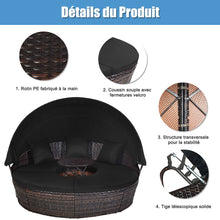 Load image into Gallery viewer, Lit de Jardin Rond d'Exterieur Table Relevable Modulable &amp; Convertible - Pare Soleil Réglable rotin PE Coussins Inclus Noir