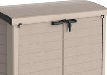 Load image into Gallery viewer, Duramax StoreAway 1200L Plastic Garden Shed/ Flat Lid, Outdoor Storage Shed, Wheelie Bin Hideaways, Wheelie bin box, Durable Construction, Ideal for Bikes, BBQs &amp; 2x 240L Bins, 145x85x125 cm, Brown