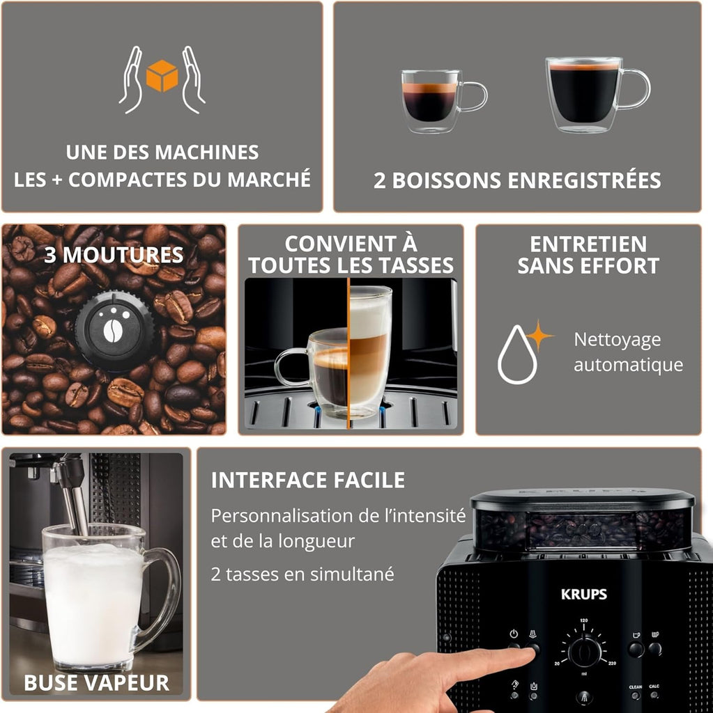 Krups Coffee Bean Machine, 1.7 L, 2 Cups Simultaneously, Automatic Cleaning, Steam Nozzle for Cappuccino, Espresso Maker, Essential Black YY8125FD