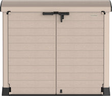 Load image into Gallery viewer, Duramax StoreAway 1200L Plastic Garden Shed/ Flat Lid, Outdoor Storage Shed, Wheelie Bin Hideaways, Wheelie bin box, Durable Construction, Ideal for Bikes, BBQs &amp; 2x 240L Bins, 145x85x125 cm, Brown