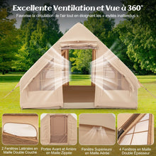 Load image into Gallery viewer, Tente de Camping Gonflable 6 m² pour 4-6 Personnes Tente en Coton Coupe-vent et Imperméable avec Pompe 7 Fenêtres à Moustiquaire Beige