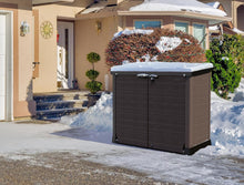 Load image into Gallery viewer, Duramax StoreAway 1200L Plastic Garden Shed/ Flat Lid, Outdoor Storage Shed, Wheelie Bin Hideaways, Wheelie bin box, Durable Construction, Ideal for Bikes, BBQs &amp; 2x 240L Bins, 145x85x125 cm, Brown