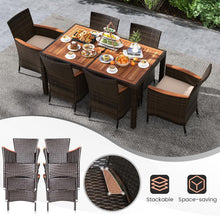 Load image into Gallery viewer, GIANTEX Salon de Jardin 6 Personnes en Rotin et Bois d'Acacia, Table de Jardin Extérieure avec 6 Chaises, Coussins, Trou de Parasol, Pieds Réglables, pour Cour, Pique-Nique, Marron