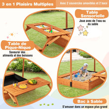 Load image into Gallery viewer, Bac à Sable en Bois pour Enfants avec Couvercle Aire de Jeux avec Table Sensorielle Pliable &amp; Banc Parasol Ajustable pour 3+ Ans Naturel