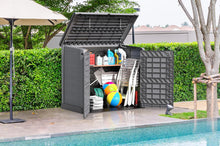 Load image into Gallery viewer, Duramax StoreAway 1200L Plastic Garden Shed/ Flat Lid, Outdoor Storage Shed, Wheelie Bin Hideaways, Wheelie bin box, Durable Construction, Ideal for Bikes, BBQs &amp; 2x 240L Bins, 145x85x125 cm, Brown