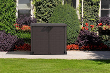 Load image into Gallery viewer, Duramax StoreAway 1200L Plastic Garden Shed/ Flat Lid, Outdoor Storage Shed, Wheelie Bin Hideaways, Wheelie bin box, Durable Construction, Ideal for Bikes, BBQs &amp; 2x 240L Bins, 145x85x125 cm, Brown
