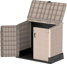 Load image into Gallery viewer, Duramax StoreAway 1200L Plastic Garden Shed/ Flat Lid, Outdoor Storage Shed, Wheelie Bin Hideaways, Wheelie bin box, Durable Construction, Ideal for Bikes, BBQs &amp; 2x 240L Bins, 145x85x125 cm, Brown