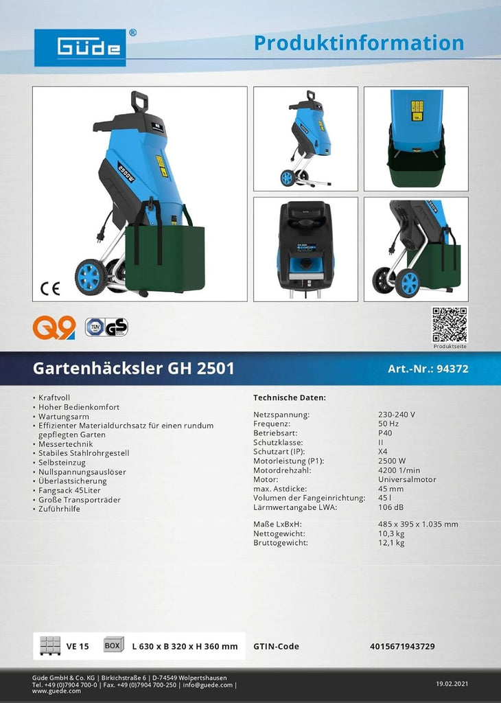 Güde 94372 GH 2501 Hachoir de jardin avec bras de suspension automatique 45 l, Bleu