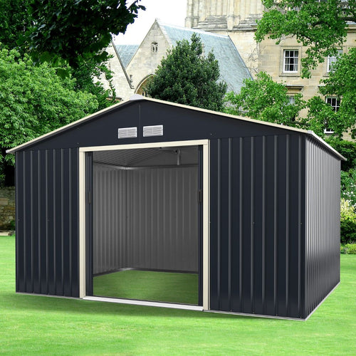Abri de Jardin en Métal & Extension 10.85㎡ avec 2 Portes Coulissantes Verrouillables 4 Trous d’Aération Gris pour Vélo