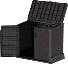 Load image into Gallery viewer, Duramax StoreAway 1200L Plastic Garden Shed/ Flat Lid, Outdoor Storage Shed, Wheelie Bin Hideaways, Wheelie bin box, Durable Construction, Ideal for Bikes, BBQs &amp; 2x 240L Bins, 145x85x125 cm, Brown