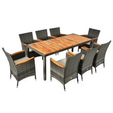 Load image into Gallery viewer, Salon de jardin avec 1 table et 8 chaises en bois et rotin anti-uv pieds réglables et coussins imperméables inclus 20_0009211