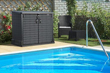 Load image into Gallery viewer, Duramax StoreAway 1200L Plastic Garden Shed/ Flat Lid, Outdoor Storage Shed, Wheelie Bin Hideaways, Wheelie bin box, Durable Construction, Ideal for Bikes, BBQs &amp; 2x 240L Bins, 145x85x125 cm, Brown