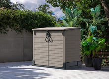Load image into Gallery viewer, Duramax StoreAway 1200L Plastic Garden Shed/ Flat Lid, Outdoor Storage Shed, Wheelie Bin Hideaways, Wheelie bin box, Durable Construction, Ideal for Bikes, BBQs &amp; 2x 240L Bins, 145x85x125 cm, Brown