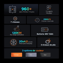 Load image into Gallery viewer, ENGWE EP-2 Pro Vélo électrique Pliable 20 × 4.0 Fat Bike Electrique 7 Vitesses avec Batterie Amovible 48V 13Ah Autonomie 120km Tout-Terrain &amp; VTT &amp; Plage &amp; Neige