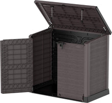 Load image into Gallery viewer, Duramax StoreAway 1200L Plastic Garden Shed/ Flat Lid, Outdoor Storage Shed, Wheelie Bin Hideaways, Wheelie bin box, Durable Construction, Ideal for Bikes, BBQs &amp; 2x 240L Bins, 145x85x125 cm, Brown