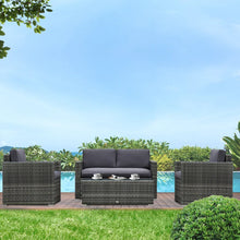 Load image into Gallery viewer, Ensemble de meubles de patio 4 pièces, canapé en osier de rotin, ensemble de luxe pour extérieur, ensemble de meubles de jardin avec coussins pour porche, jardin, balcon au bord de la piscine, gris