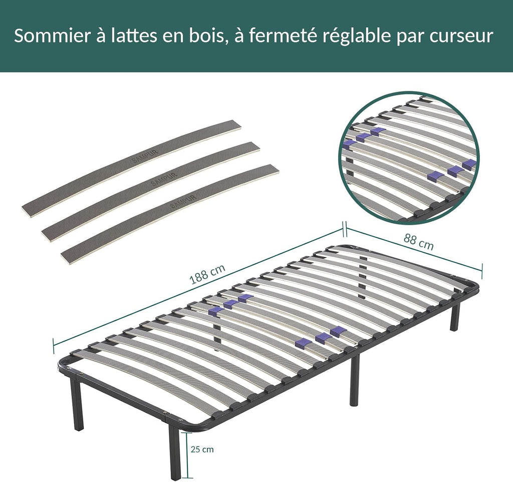 SAMPUR - Sommier Essentiel 140x190 cm | Résistant et Confortable | 7 Pieds Inclus | Lattes réglables | Cadre métal laqué époxy | Sommier 1 ou 2 Personnes | Montage Rapide et Facile