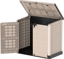 Load image into Gallery viewer, Duramax StoreAway 1200L Plastic Garden Shed/ Flat Lid, Outdoor Storage Shed, Wheelie Bin Hideaways, Wheelie bin box, Durable Construction, Ideal for Bikes, BBQs &amp; 2x 240L Bins, 145x85x125 cm, Brown