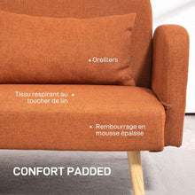 Load image into Gallery viewer, HOMCOM Canapé Convertible 3 Places, canapé-lit 2 Places, Dossier inclinable et accoudoirs réglables, canapé clic clac en Tissu Effet Lin, Pieds en Bois Massif, 2 Coussins lavables, Marron