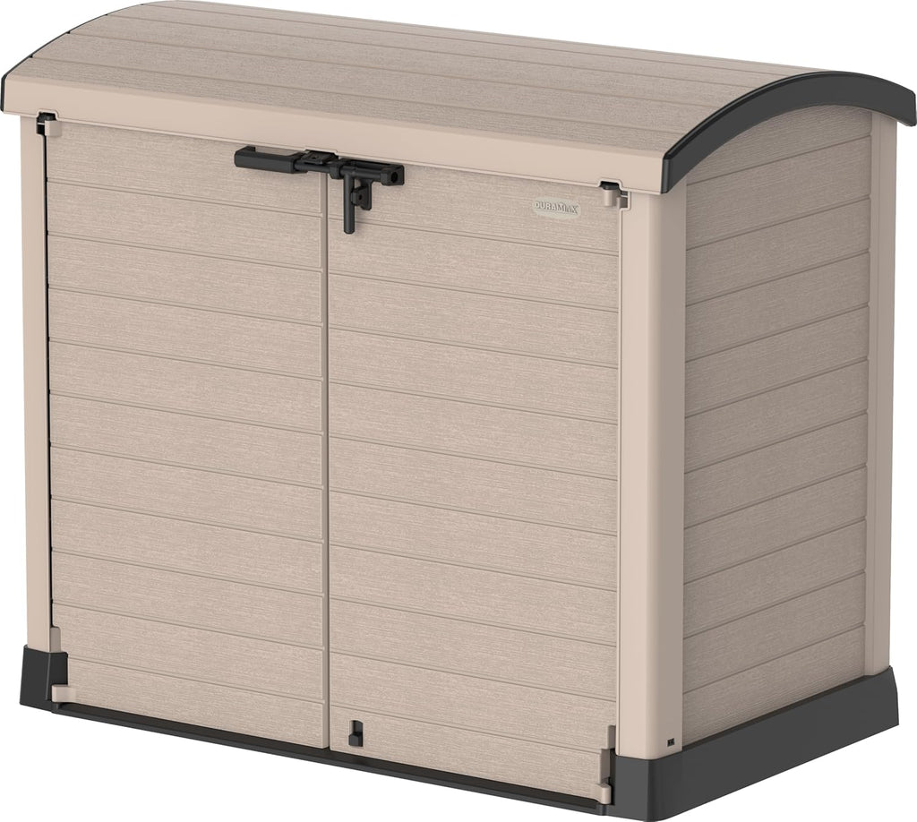 Duramax StoreAway 1200L Plastic Garden Shed/ Flat Lid, Outdoor Storage Shed, Wheelie Bin Hideaways, Wheelie bin box, Durable Construction, Ideal for Bikes, BBQs & 2x 240L Bins, 145x85x125 cm, Brown
