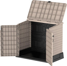 Load image into Gallery viewer, Duramax StoreAway 1200L Plastic Garden Shed/ Flat Lid, Outdoor Storage Shed, Wheelie Bin Hideaways, Wheelie bin box, Durable Construction, Ideal for Bikes, BBQs &amp; 2x 240L Bins, 145x85x125 cm, Brown