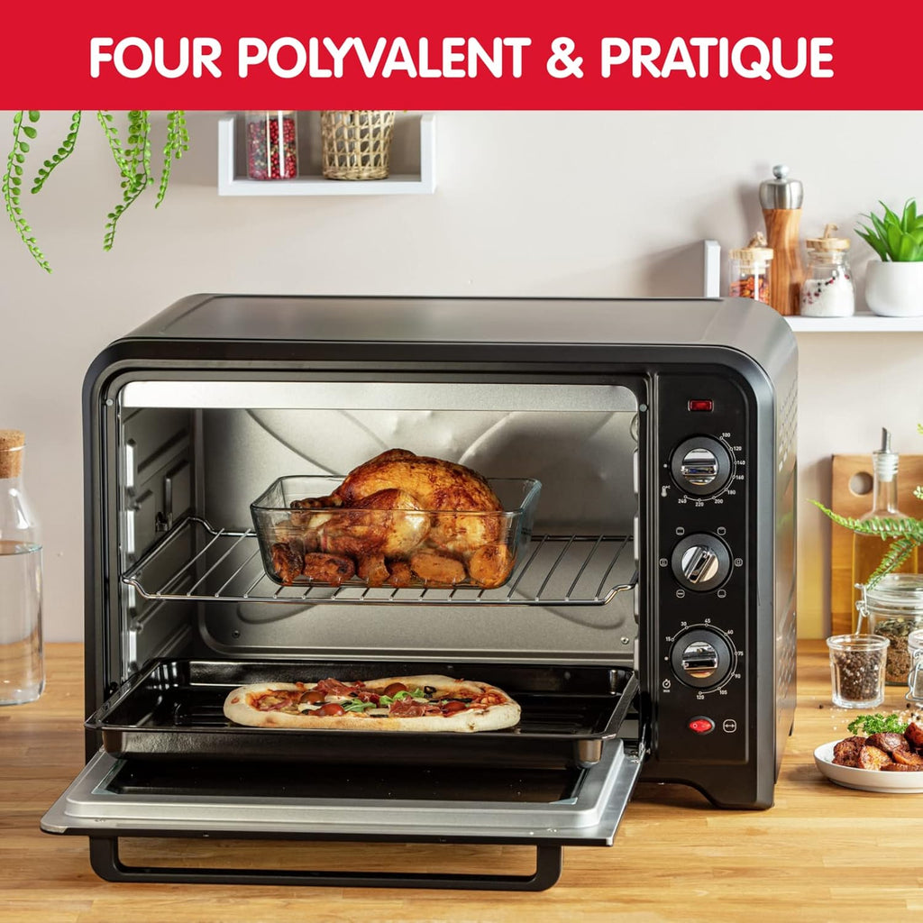 Moulinex Oven, 33 L, Rotating heat, Advanced convection, 6 cooking modes, Thermostat adjustable up to 240°C, Timer 120 min, Reversible grill, Silicone oven mitts, Optimo Black OX464811