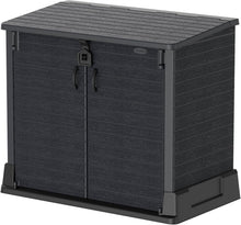 Load image into Gallery viewer, Duramax StoreAway 1200L Plastic Garden Shed/ Flat Lid, Outdoor Storage Shed, Wheelie Bin Hideaways, Wheelie bin box, Durable Construction, Ideal for Bikes, BBQs &amp; 2x 240L Bins, 145x85x125 cm, Brown
