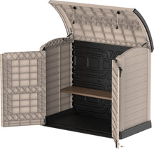 Load image into Gallery viewer, Duramax StoreAway 1200L Plastic Garden Shed/ Flat Lid, Outdoor Storage Shed, Wheelie Bin Hideaways, Wheelie bin box, Durable Construction, Ideal for Bikes, BBQs &amp; 2x 240L Bins, 145x85x125 cm, Brown