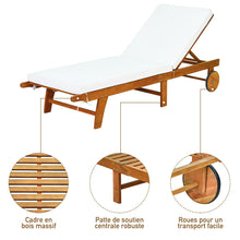 Load image into Gallery viewer, Chaise Longue Pliable en Bois avec 2 Roues et un Coussin Amovible Dossier Réglable Capacité Portante 160KG Idéal pour L’extérieur