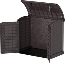 Load image into Gallery viewer, Duramax StoreAway 1200L Plastic Garden Shed/ Flat Lid, Outdoor Storage Shed, Wheelie Bin Hideaways, Wheelie bin box, Durable Construction, Ideal for Bikes, BBQs &amp; 2x 240L Bins, 145x85x125 cm, Brown